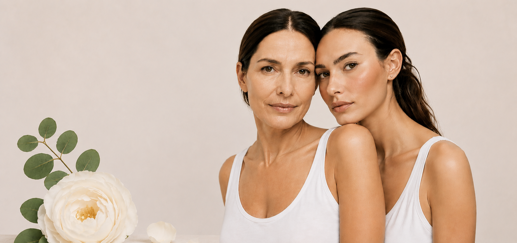 Two women in white tank tops standing close together with a flower on a beige background